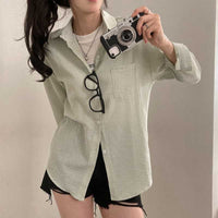 French Classic Striped Pleated Loose Pockets Long Sleeve All-matching Shirt