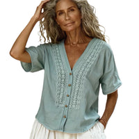 Loose-fit Faux Linen Embroidered Button-up Top