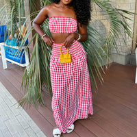 Sexy Bandeau Top And Long Skirt Set With Ruching Detail Plaid Pattern Two-Piece