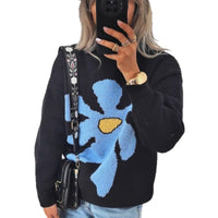 Casual Loose Knitted Round Neck Large Flower Jacquard Contrast Color Sweater