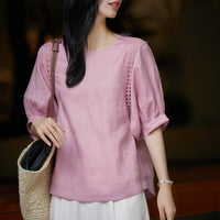 Breathable Lantern-Sleeve Blouse French-Style Youthful Short-Sleeve Top