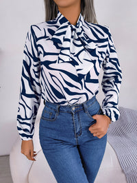Women's Elegant Color Block Stripe Tie Waist Lantern Sleeve Chiffon Top