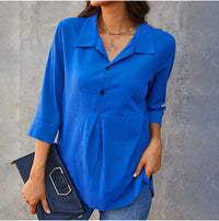 Solid-color Lapel-neck Slit Peplum Three-quarter-sleeve Womens Shirt
