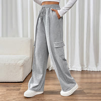 Casual Elastic High-Waist Straight Pants With Patch Pockets