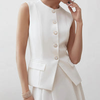 Button Sleeveless Suit Vest High Waist Skirt