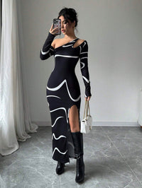 Elegant, Refined Off-shoulder Design Figure-hugging Fit Graffiti Print Asymmetric Long-sleeve Split Dress