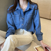 Deep Blue Vintage Straight-Shoulder Hong Kong-Style Soft Denim Shirt