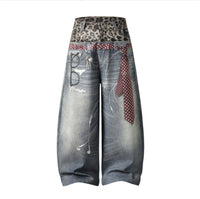 Leopard-print, Two-piece-look Washed And Distressed Denim Jeans