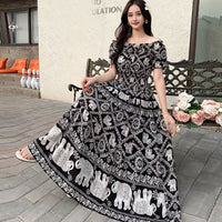 Summer Ethnic-style Elastic-waist Beach Bohemian Shoulder Dress