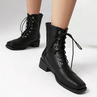 Womens Comfortable Lace-Up Square-Toe Outdoor Motorcycle Boots