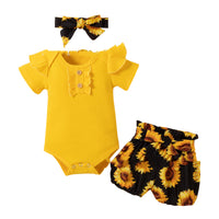 Yellow Sunken Stripe Romper Sunflower Belt Three-piece Set