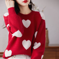 Round Neck Pullover Love Pure Wool Sweater Ladies