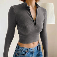 Women's Casual Solid Color Zipper Crop Slim Fit Top
