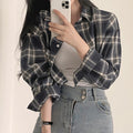 Retro Plaid Lapel Long Sleeve Short Shirt For Women