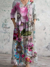 Womens 3D Floral Print Mid-Length Sleeve Dress With Patterned Background