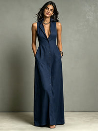 Casual Cotton Linen Bag-Sleeveless Solid Color Dress
