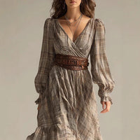 Plaid V-neck Long-sleeve Dress With Ruffled Hem