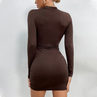 Simple Long-Sleeve Crew-Neck Drawstring Slim-Fit Womens Dress