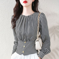 Chanel-style Houndstooth Pullover Blouse For Women