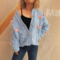 Cute Three-dimensional Flower Decorative Knitted Cardigan Round Neck Sweater