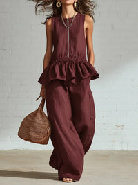 Summer Sleeveless Pleated Tank Top And Wide Leg Pants Set For Women