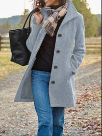 Ladies New Woolen Mid-length Multi-grain Buckle Cardigan Coat