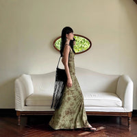 Chinese-style Green Mesh Floral Slip Dress For Women