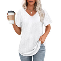 Hollow-out Airy Casual V-Neck Short Sleeve
