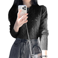 Japanese Sweater Preppy Style Short Cable-knit Sweater Round Neck Long Sleeve