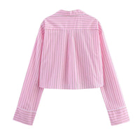 Women's Fashion Lapel Long-sleeved Pocket Striped Short Shirt