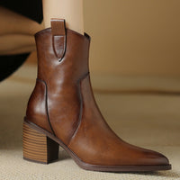 Women's Vintage Mid-Calf Western Cowboy Boots In Full Leather AutumnWinter Style