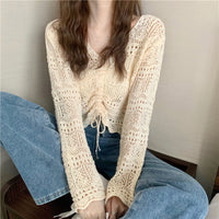 Drawstring V-neck Relaxed-fit Sun-protective Long-sleeve Cover-up