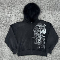 Black Zipper Divided Print Fleece Hooded Sweatshirt