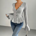 European And American Elegant Style Autumn And Winter New V-neck Ruffled Slim Temperament Top