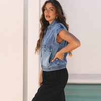 Denim Women's Single-breasted Lapel Short Sleeve Vest Coat