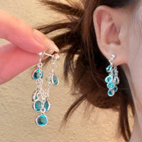 Elegant Lake Blue Teardrop CZ Drop Earrings For Women, Dainty Silver Tone Turquoise Crystal Tassel Earrings, Luxury Minimalist Bridal Jewelry Gift
