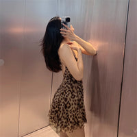 Printed V-Neck Leopard-Print Strap Short Dress For Women