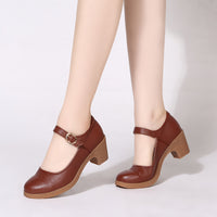 Chunky-heeled Buckle Shoes With Thermoplastic Rubber Soles Round Toe Low Cut