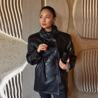 Women's Fashion Black Mid-length Leather Jacket