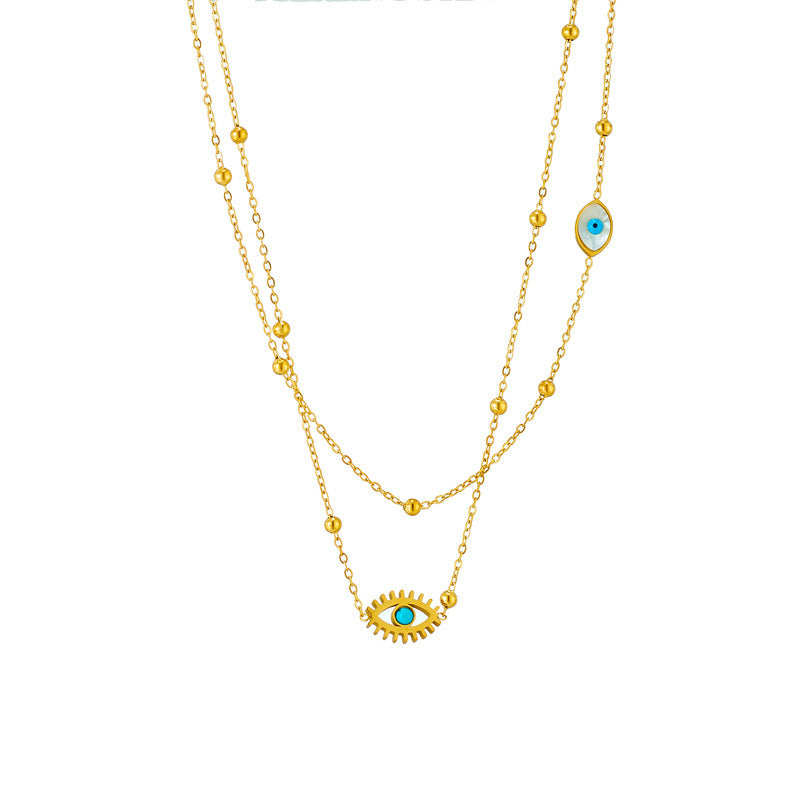 Minority Fashion Design Double-layer Mix Chain Golden Balls Titanium Steel Drop Oil Hollow Blue Eyes Pendant Necklace