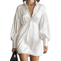 Elegant Satin Shirt Dress For Women SpringSummer Style With Puffed Sleeves Loose Fit Slimming Chic Short Design