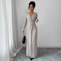 Solid-color Sexy V-neck Long-sleeve High-slit Dress