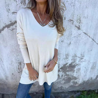 Solid Color V-neck Knitted Sweater Loose Top Women's Clothing