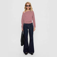 Women's Contrasting-Color Striped Slant-Neck Long-Sleeve