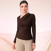 Womens Slant-Neckline Slim-Fit Pleated Versatile Base Top Long-Sleeve Blouse