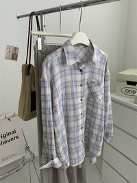 Women's Art Retro Washed Cotton Yarn Checkered Shirt