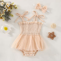 Summer Sling Pure Color Mesh One-piece Romper Bow Headdress Two-piece Set