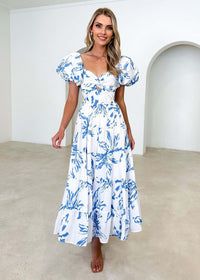 Elegant Figure-flattering High-end Dress With A Flared Silhouette Floral Print And Puffed Sleeves