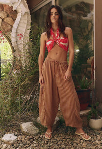 Striped Straight-leg Pants Elastic Waist Cropped Pleated Pants