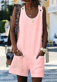 Summer New Style Women Pocket Button Cotton And Linen Strap Button Jumpsuit